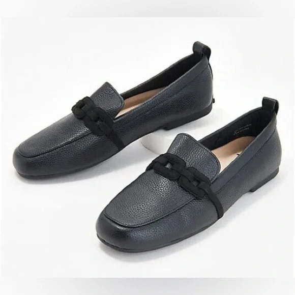 New Isaac Mizrahi Live Black Leather Driving Moccasins With Covered Chain Sz 5.5