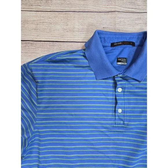 Tiger Woods Collection Polo Mens L Blue Striped Nike‎ Golf athletic performance