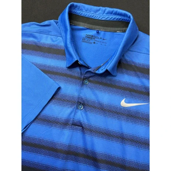 Nike Golf Polo Shirt Mens‎ XL Blue Black Striped Dri-FIT Athletic Training