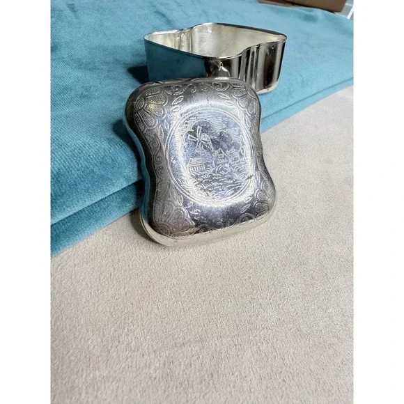 Vintage Silver-Tone Metal Dutch Windmill Trinket Box