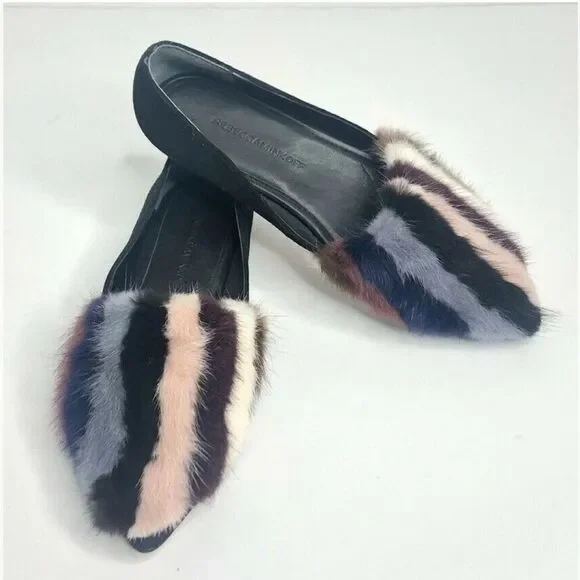 Rebecca Minkoff Amelie Suede & Striped Mink Fur Flats, Women’s Sz 6
