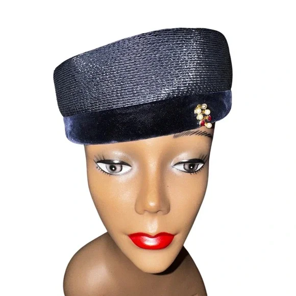Vintage Green Room Millinery Bloomingdales Navy Velvet Straw Pillbox Hat Brooch