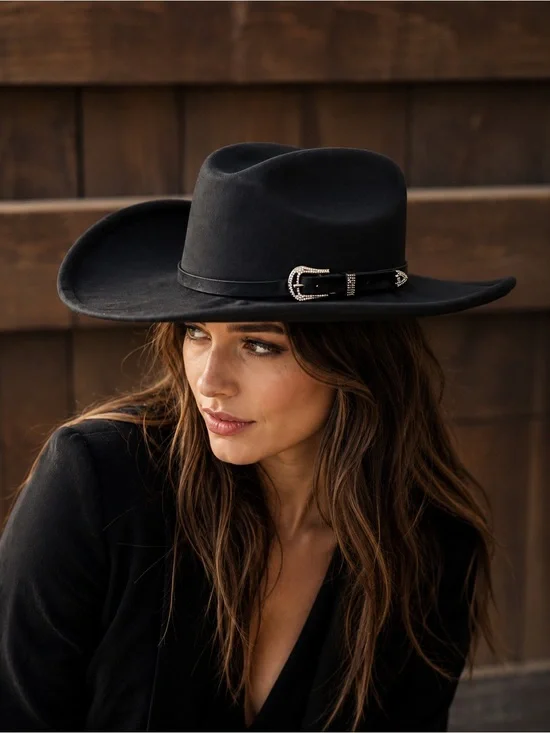 Women's Black Wide-Brim Faux Suede Felt Cowgirl Hat with Decorative Buckle Nwt