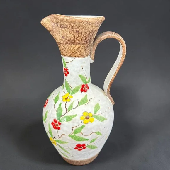 Italian Hand Painted Ceramic Floral Pitcher Vase Rustic Textured Pottery 10inch