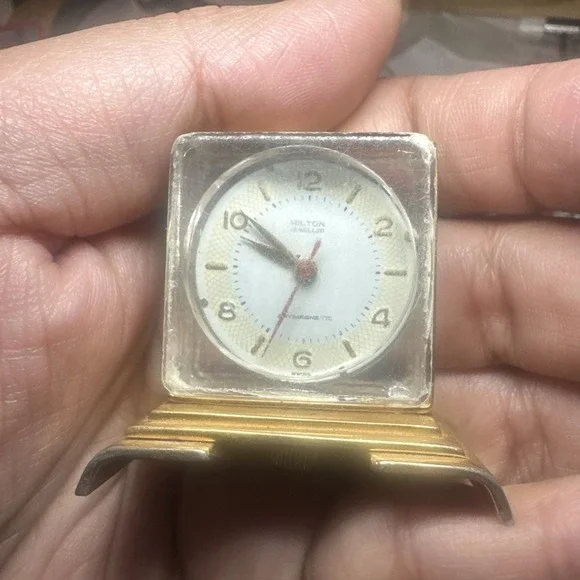 Working Vintage Hilton Jeweled Manual Wind 31mm Skeleton Clock Swiss Antique
