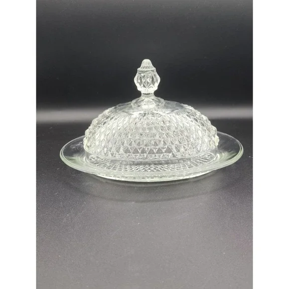 Vintage Indiana Glass‎ Diamond Point Oval Covered Butter Dish Clear Domed Lid