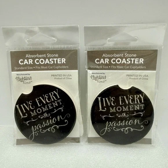 Highland Home Absorbent Stone Car Coasters Live Every Moment With Passion 2 Lot