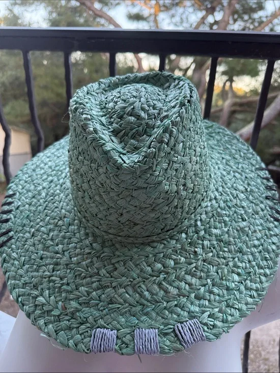 NWT Green Hat Sun Straw 100% paper hand Stitching details OS rancher floppy