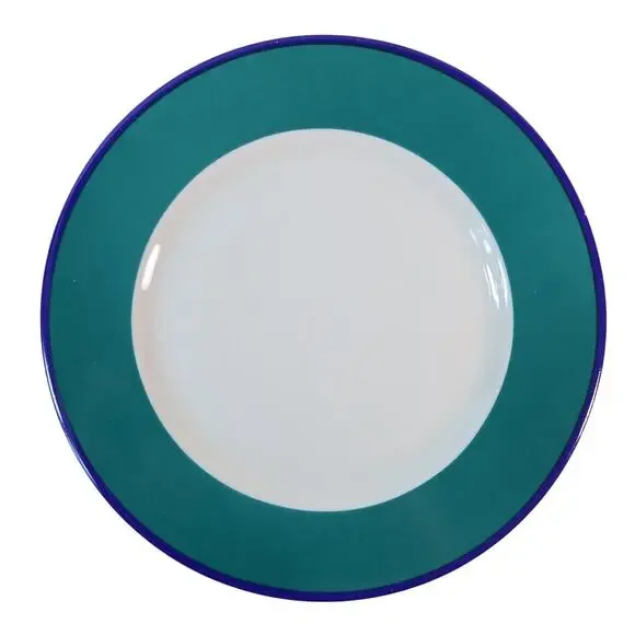 Pier 1 Two-Tone 92024 Dinner Plates Set of 6 Teal Green Blue Rim White Center