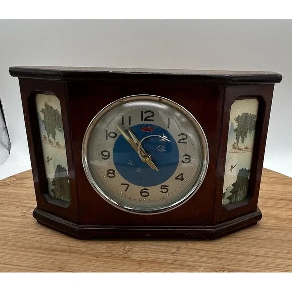 VTG  Rooster Wooden Alarm Clock With Aircraft Animated -1960's Pilots, Airplanes