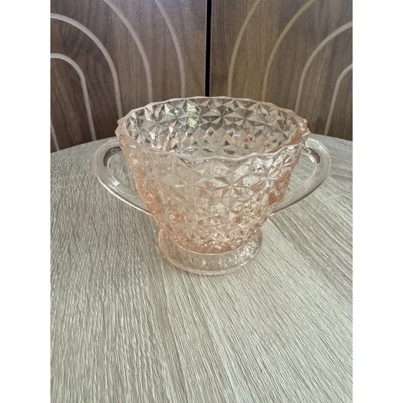 Vintage Jeanette Holiday Buttons Pink Depression Glass Sugar Bowl 2 Handles