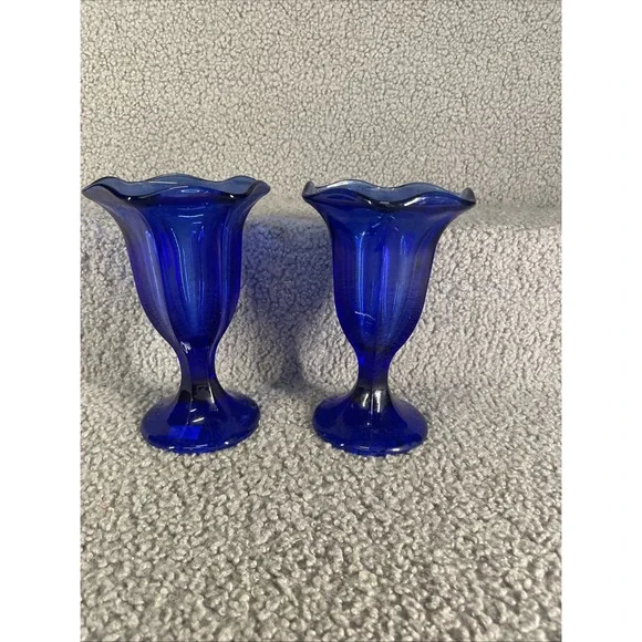 Cobalt Blue Glass Ice Cream Sundae Bowl/Cup Set, Vintage Candle Holder Pair, 6