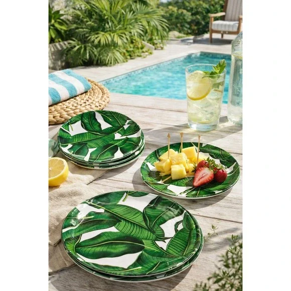 Tropical Banana Leaf‎ Melamine Plates Set 6 Green Summer Poolside Outdoor