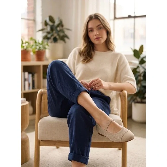Vivaia Margot Mary Jane Shimmer Knit Pointed Toe Flats Almond Tan Womens 11 EU43
