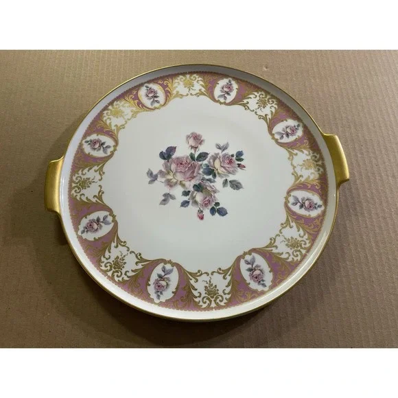 Kaiser Porcelain W. Germany 13.75″ Handled Charger/Tray – Pink Roses,‎ Gold Trim