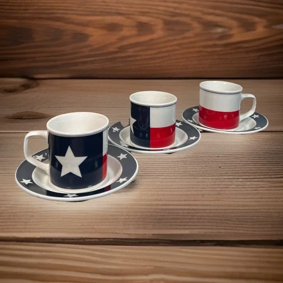 Set of 3 Texas Lone Star Cups & Saucers Patriotic Red White Blue Totally Today
