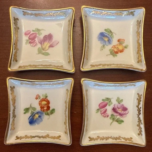 Dresden butter pat dishes set of 4 floral gold antique porcelain painted trinket