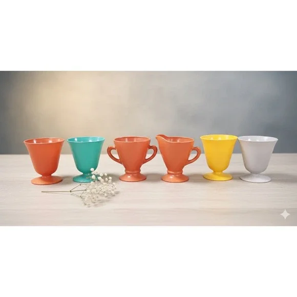Hazel Atlas Vtg‎ Moderntone Milk Glass Set 6pc Creamer Sugar Cups Multi Color