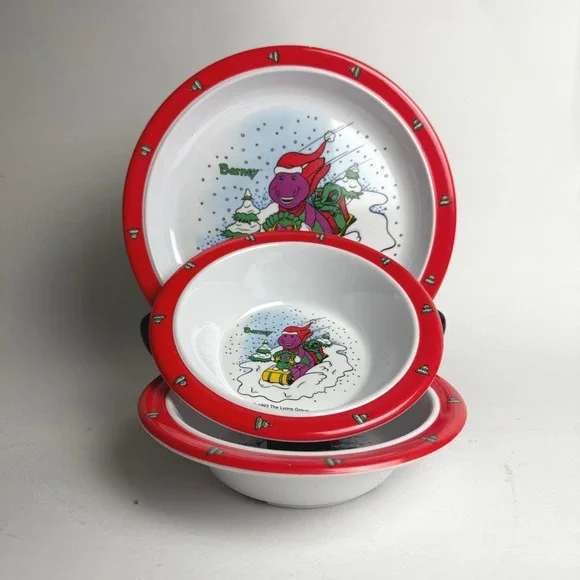 Vintage 1993‎ Barney Christmas Melamine Plate and Bowls Set Selandia 3 Piece