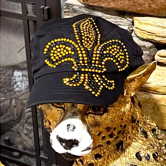 Fleur De Lis Black and Gold Baseball Cap. Rhinestones. Adjustable. Never used
