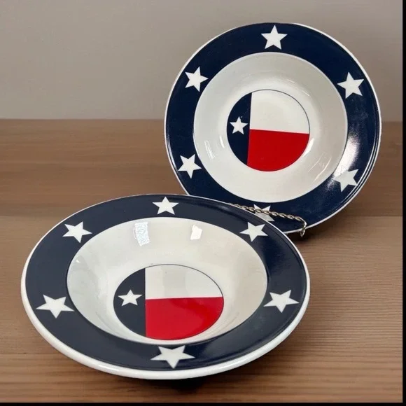 Set of 2 Texas Flag Star Rim Soup Cereal Bowls Patriotic Lone Star Totally Today