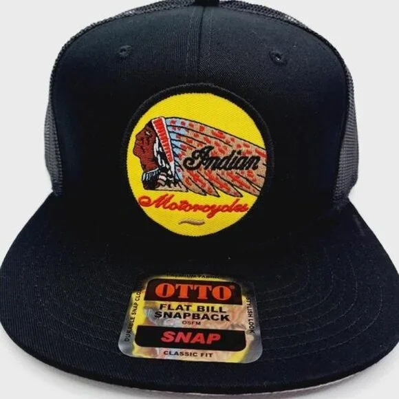 Retro Biker Indian Motorcycle Embroidrd Patch Flat Bill Trucker Mesh Cap Hat 70s