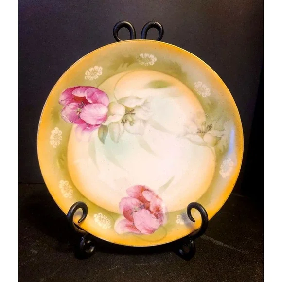 Vintage Decorative Hand Painted Thuringia Yellow‎ Plate Pink Roses 8.5