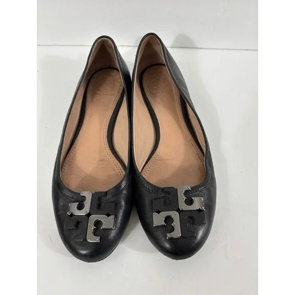 Tory Burch Black Lowell Leather Ballet Flats Embellished Logo Size 7 M