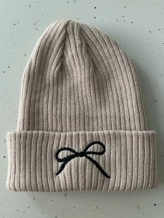 NEW Zenana Ash Mocha Black Bow Embroidered Ribbed Knit Beanie