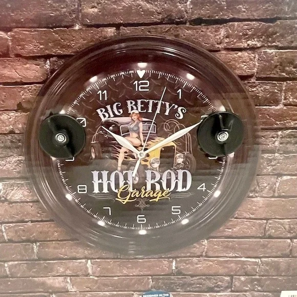 Big Betty's Hot Rod Garage 12 Inch Wall Clock with LED Lights Retro Pinup Black‎