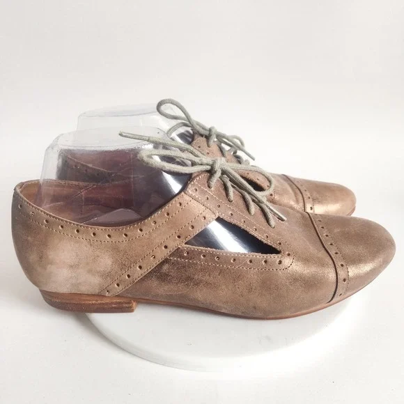 Fossil‎ Flats Size 8.5 Oxford Lace-up Metallic Bronze Leather Cut Out Academia
