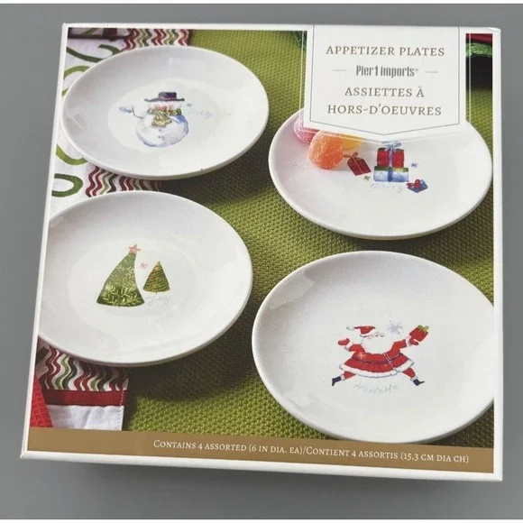 Pier 1 Imports Set of 4 Christmas Appetizer Plates Ceramic Winter Snowman Santa‎