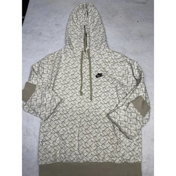 Nike Essentials AOP Fleece Hoodie Mens Small Beige All Over Print Cotton‎ Swoosh