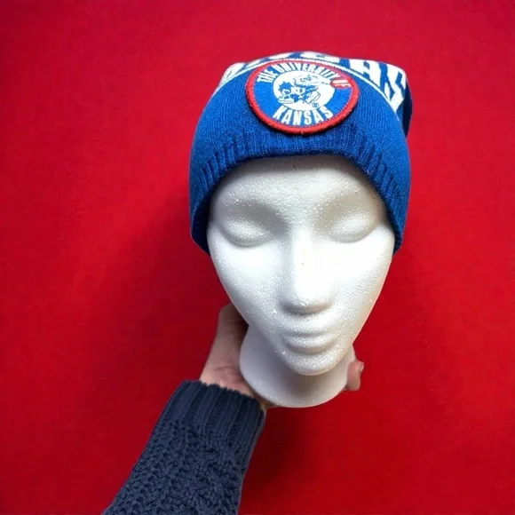 Adidas trefoil  Adidas Kansas Jayhawks Beanie Hat Pom Knit Blue NCAA KU Slouch