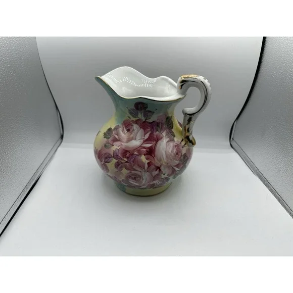 Vintage‎ Hand Painted Porcelain Floral Pitcher Ewer Gold Gilt Pink Roses 8.5