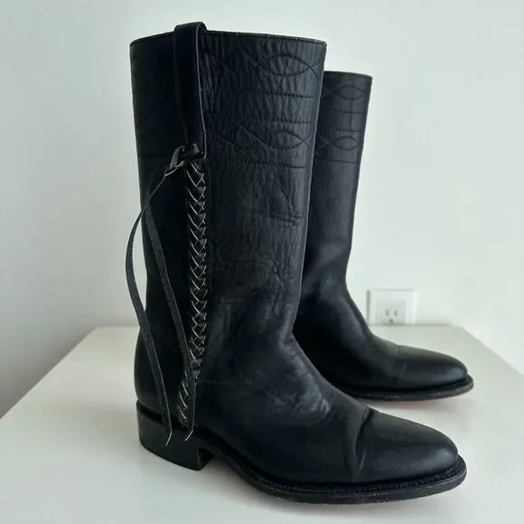 German Botas Leather Boots Size 25 Black Braided Fringe Riding‎ Marching Stitch