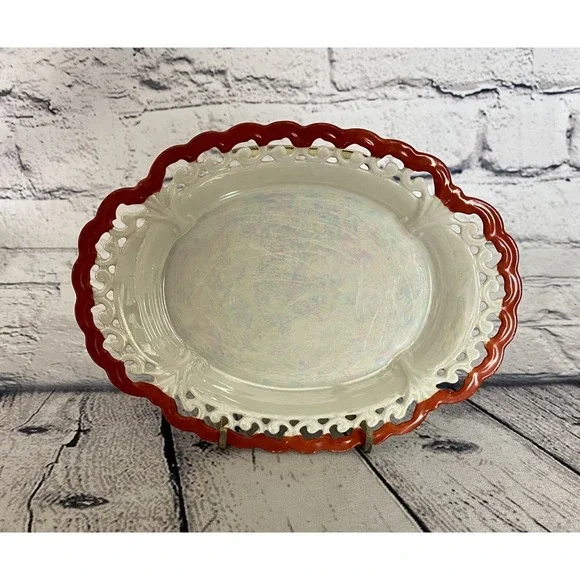 Vintage Schonwald PSAA Bavaria Trinket Dish Oval Red Trim Iridescent 7