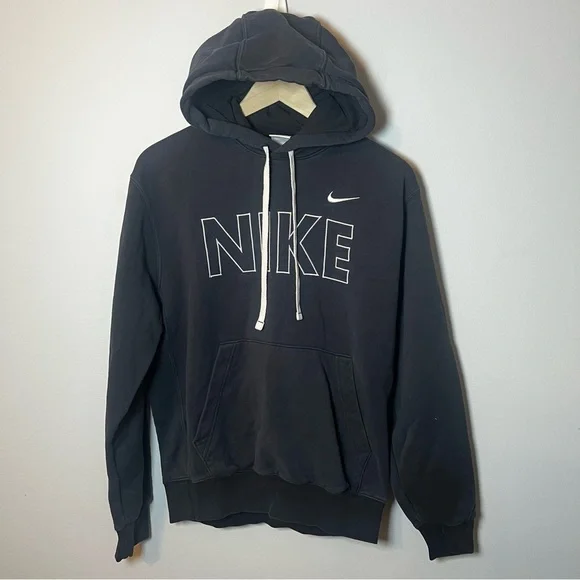 NIKE Fleece Outline Hoodie Men’s S Black Pullover Logo Embroidered Sweatshirt