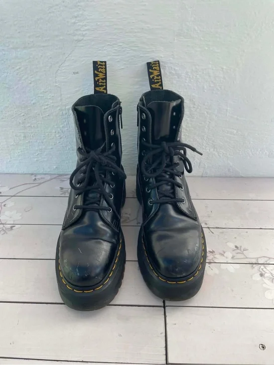 Dr. Martens Black Leather Lace-Up Platform Boots with Yellow Stitching