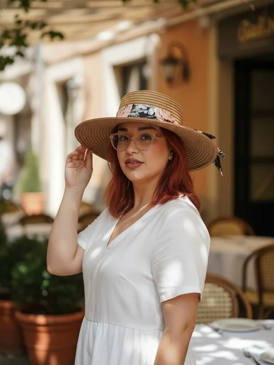 Wide-Brim Straw Sun Hat with Floral Scarf - Beige