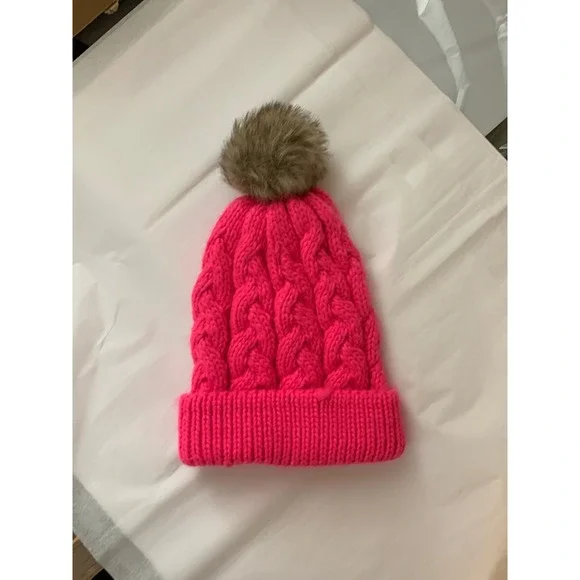 Cable Knit Beanie Hat with Pom Pom Toby NY Hot‎ Pink Winter Warm Girls