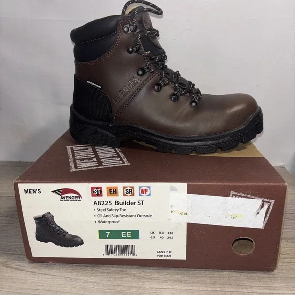 Men's 7 EE Avenger Brown Ankle Waterproof Work Boot Steel ToeA8225 Builder ST