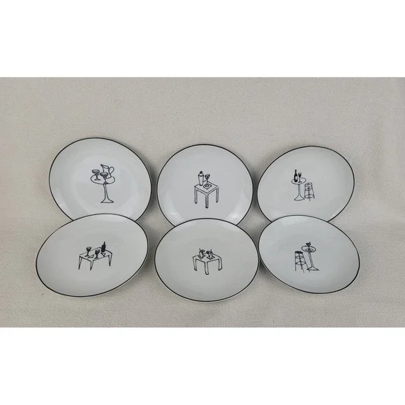Crate & Barrel Ceramic Party Plates Appetizer Whimsical Lounge Scenes Set of‎ 6