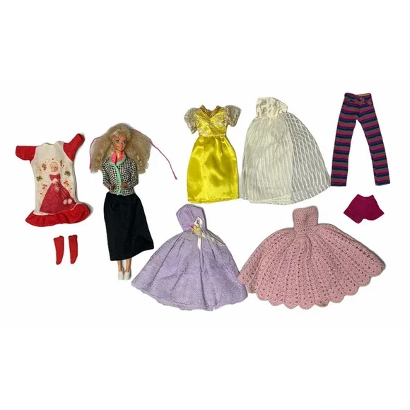 Vintage Barbie with Earrings Doll Clothes 1980s Christmas Nightie Dresses Socks