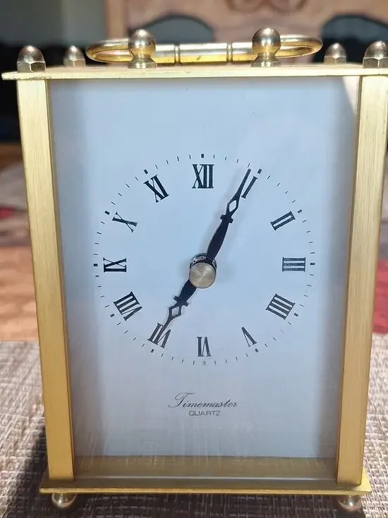 Timemaster Quartz Brass Tone Carriage Mantel Desk Shelf Clock Roman Numeral