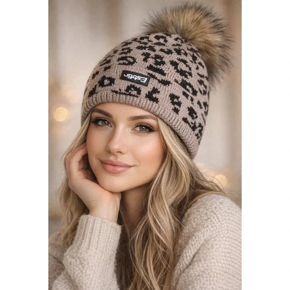 Eisbar Leopard Print Merino‎ Wool Blend Beanie Faux Fur Pom Pom Winter Hat Taupe