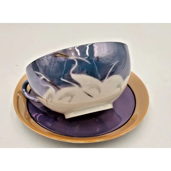 Set of Japan‎ Lusterware Crane Cup & Saucer Blue/Periwinkle & Peachy Color