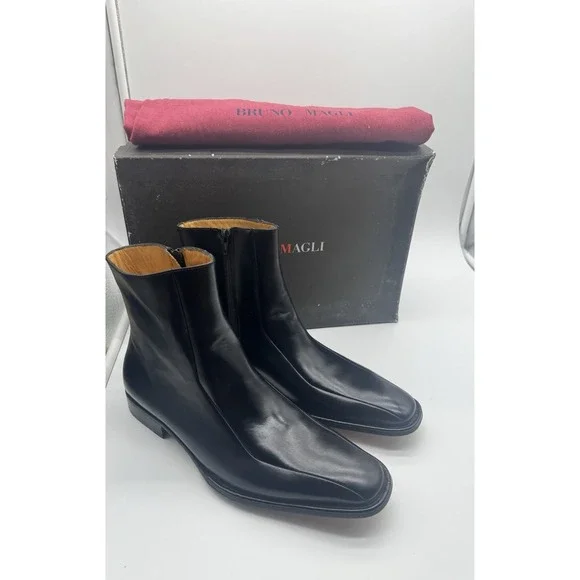 Brunomagli Men's Black Leather Zip Ankle Boots‎ Made in Italy Vero Pelle Size 7