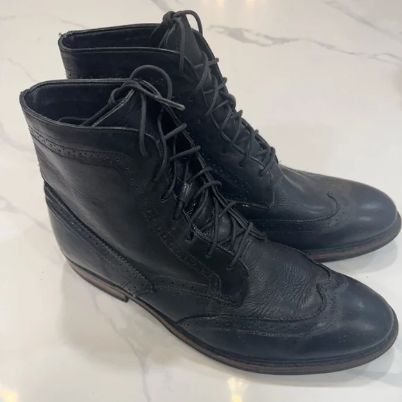 Walk-Over Made in USA Brogue Wingtip Boots Black Leather Lace Up Shoes Size 11M