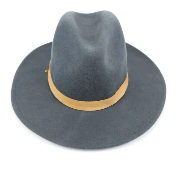 A LACK OF COLOR Rocco Wool Fedora Western Cowgirl Boho Hat Gray Tan Leather 57cm